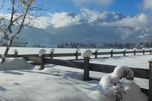 płot pokryty śniegiem z górami w tle w obiekcie Urlaub mit Aussicht w mieście Pfarrwerfen