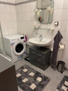 uma casa de banho com uma máquina de lavar roupa e um lavatório em Zur Sonnenterrasse em Hemer