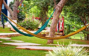 皮雷諾波利斯的住宿－Pousada Villa Bia，花园里挂在树上的吊床