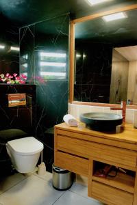 a bathroom with a sink and a toilet and a mirror at Le Domaine du Rocher Noir in Pointe-Noire