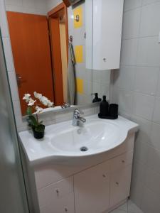 ein Badezimmer mit einem weißen Waschbecken und einem Spiegel in der Unterkunft Apartma Happy in Kranjska Gora