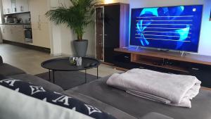 een woonkamer met een bank en een flatscreen-tv bij Ferienwohnung Lion in Oschersleben