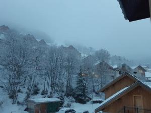 a snow covered village with a house and trees at Valloire Studio Marmotte : Nid douillet centre de valloire, été / hiver 4p in Valloire +10 photos
