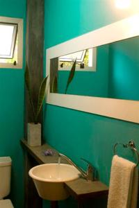 La salle de bains verte est pourvue d'un lavabo et d'un miroir. dans l'établissement Casaplaya, à Las Gaviotas