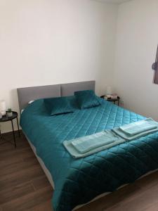 a bed with a green comforter and two pillows at Guest house Elena in Mojkovac