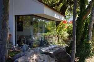 een huis met een glazen deur en enkele bomen bij Isolated Villa Terna -Big Garden-Pool-Dalmatia in Slime