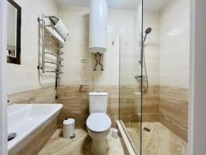 y baño con aseo, lavabo y ducha. en Готель Лаванда, en Khmelʼnytsʼkyy