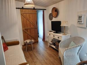 a living room with a sliding barn door and a television at Le clos du coteau in Vendeuvre-du-Poitou