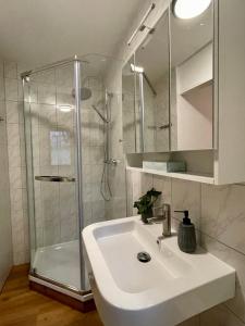 a white bathroom with a sink and a shower at Ferienwohnung am Quedlinburger Stadtbad in Quedlinburg