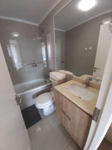 a bathroom with a toilet and a sink and a mirror at Departamento Centro Osorno in Osorno