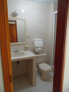 a bathroom with a toilet and a sink and a mirror at Hotel Betoma in Santa Marta