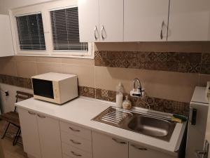 a kitchen with a sink and a microwave at White Night in Skopje