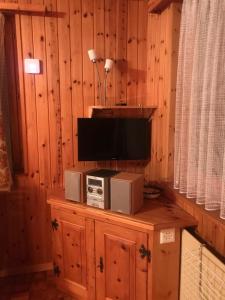 a living room with a television and a tvitures at Ferienwohnung im Chalet Boubou in Wiler