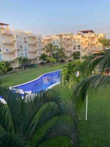 阿卡普尔科Acapulco Marina diamante departamento con alberca y club náutico的享有带游泳池和棕榈树的度假村景色
