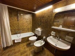 een badkamer met een wastafel, een toilet en een douche bij Gasthof Goldenes Lamm in Bressanone