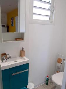 a bathroom with a sink and a toilet and a mirror at Maison charmante à Morne-à-l'Eau avec jardin clôturé in Morne-à-lʼEau