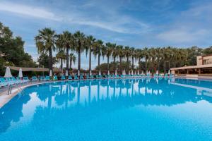 a large swimming pool with blue chairs and palm trees at Amara Family Resort in Side