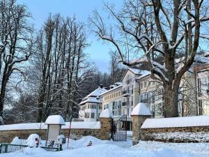 een sneeuwbedekte tuin met een gebouw en bomen bij Robenstein Aktivhotel & SPA in Zwiesel