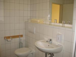 a bathroom with a sink and a toilet and a mirror at Doppelzimmer Gästehaus Mühlenstein in Bad Sülze