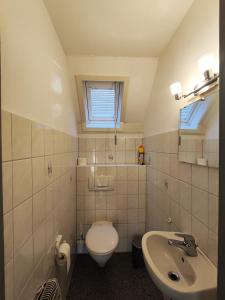 a small bathroom with a toilet and a sink at Ferienhaus Seeblick KIR011 in Kirchheim