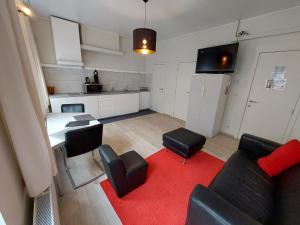 - un salon avec un canapé et un tapis rouge dans l'établissement Albert Studio's, à Malines