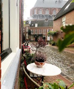 a table with a potted plant sitting on a balcony at De Pelgrimsplaats in Leiden