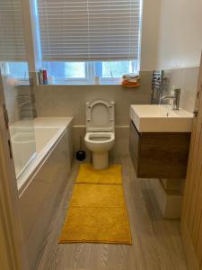 a bathroom with a toilet and a tub and a sink at Spacious 2 bedrooms Apartment Woolwich Arsenal in Woolwich