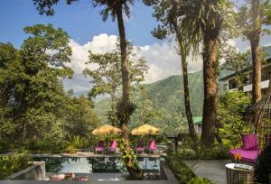 ein Resort mit einem Pool, Stühlen und Bäumen in der Unterkunft Vivanta Sikkim Pakyong in Gangtok
