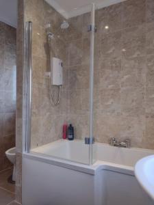 uma casa de banho com um chuveiro, uma banheira e um WC. em 33 Valentia place em Newcastle