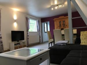 a living room with a couch and a tv at Pension Rehschopp in Ediger-Eller