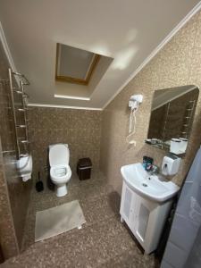 La salle de bains est pourvue de toilettes, d'un lavabo et d'un miroir. dans l'établissement Капрі, à Moukatcheve