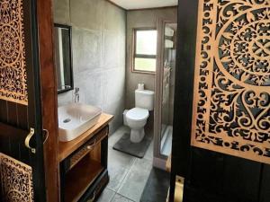 a bathroom with a toilet and a sink and a mirror at River Rock Lodge in Parys