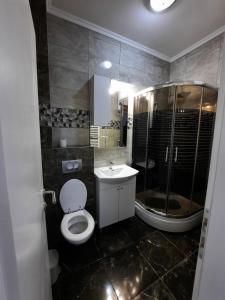 a bathroom with a toilet and a shower and a sink at Apartman San in Bugojno