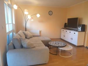 a living room with a couch and a tv at Ferienwohnung Strandgold OLIV in Ostseebad Karlshagen