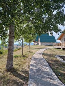 um caminho que leva a um celeiro com um telhado azul em Etno selo Izlazak em Rudinice