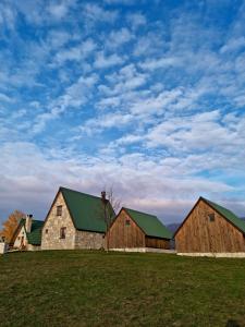 dos graneros con techos verdes en un campo de hierba en Etno selo Izlazak, en Rudinice