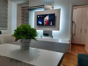 a living room with a table and a tv on a wall at Apartman Matija in Pale
