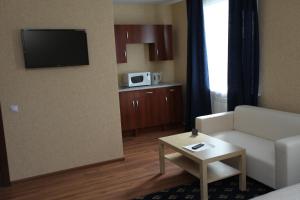 Troya Hotel في Rudny: غرفة معيشة مع أريكة وتلفزيون