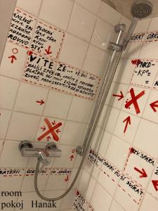 a shower with writing on the wall of a bathroom at Besidka in Slavonice
