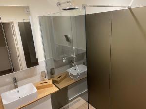 a bathroom with a sink and a mirror at Northastic Suite in Ostend