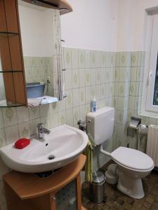 een badkamer met een wastafel en een toilet bij Ferienwohnung in Niebüll, Kreis Nordfriesland in Niebüll