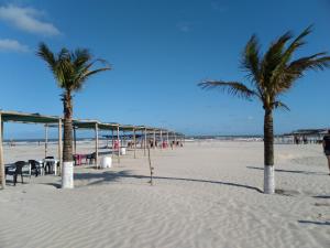 two palm trees on a sandy beach with the ocean at Casa na Jureia - Barra do Ribeira - Iguape in Iguape