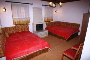 1 dormitorio con 2 camas rojas y chimenea en Terpsichori Guesthouse, en Kapesovo