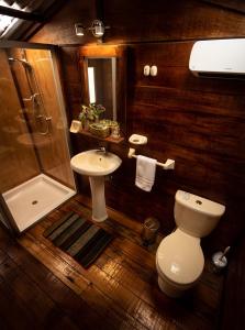 a bathroom with a toilet and a sink and a shower at Glamping Chaska Ocupi in Urubamba