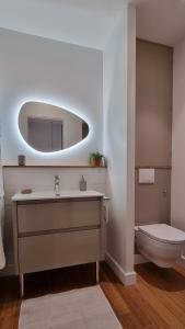 La salle de bains est pourvue d'un lavabo, de toilettes et d'un miroir. dans l'établissement Au 53, sous le chartil, à Reims