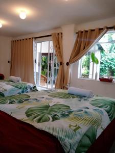 um quarto com uma cama grande e um cobertor verde em Friends Place em Joanesburgo