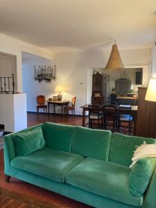 a green couch in a living room with a kitchen at House With Garden Near The Sablettes Beach in La Seyne-sur-Mer