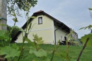 a small white house in a field of grass at Vineyard Cottage Keglic in Šmarje pri Jelšah