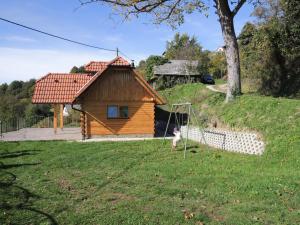 een klein houten huis met een net in het gras bij Vineyard Cottage Janko & Metka in Otočec