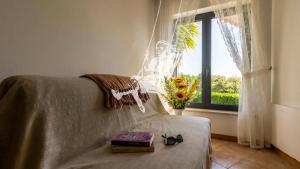 a room with a couch with books and a window at Chalé Davim com piscina -Tranquilidade e conforto in Louriçal
